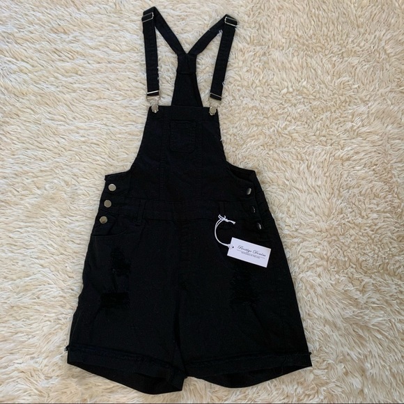 Prestige Denim NWT Destroyed Black Short Overalls - Picture 2 of 12